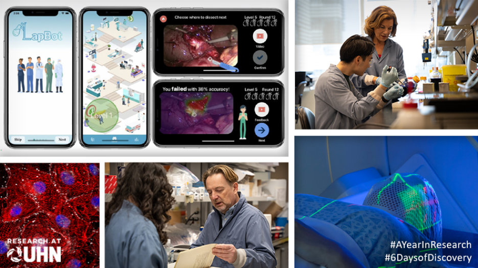 (L-R, clockwise) LapBot, a surgical training mobile game; Dr. Linda Penn, Senior Scientist at Princess Margaret Cancer Centre in the lab with Doctoral Candidate Peter Lin; individual undergoing radiation therapy (Image: Curait Medical at UHN Commercialization); Dr. Philippe Monnier, Senior Scientist at the Donald K. Johnson Eye Institute with Doctoral Candidate Michelle Syonov; and human pluripotent stem cell-derived cardiomyocytes under a microscope.